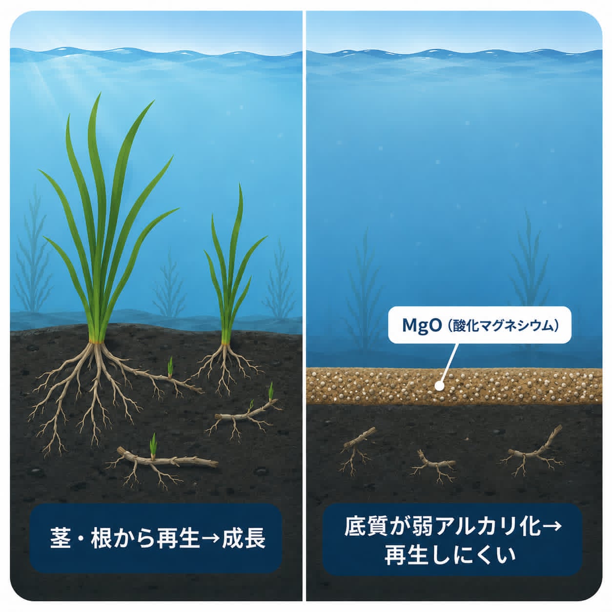 底質断面イメージ：未処理では茎や根から再生して成長し、MgO処理後は底質表層のMgOにより底質が弱アルカリ化して再生しにくい